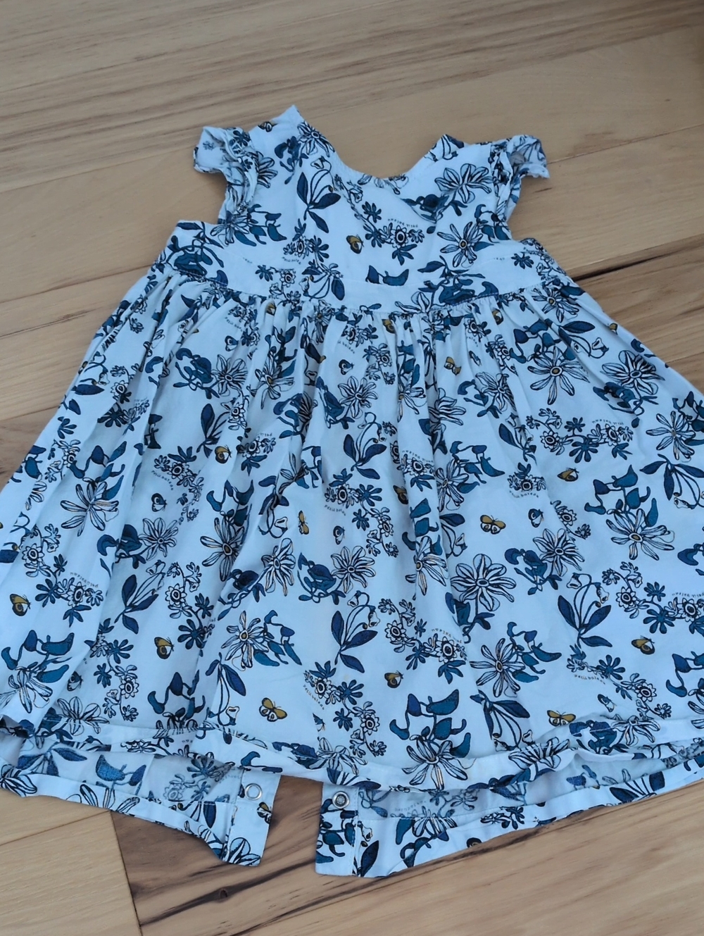 Petit Bateau Light Blue Floral Dress with Navy and Gold Accents